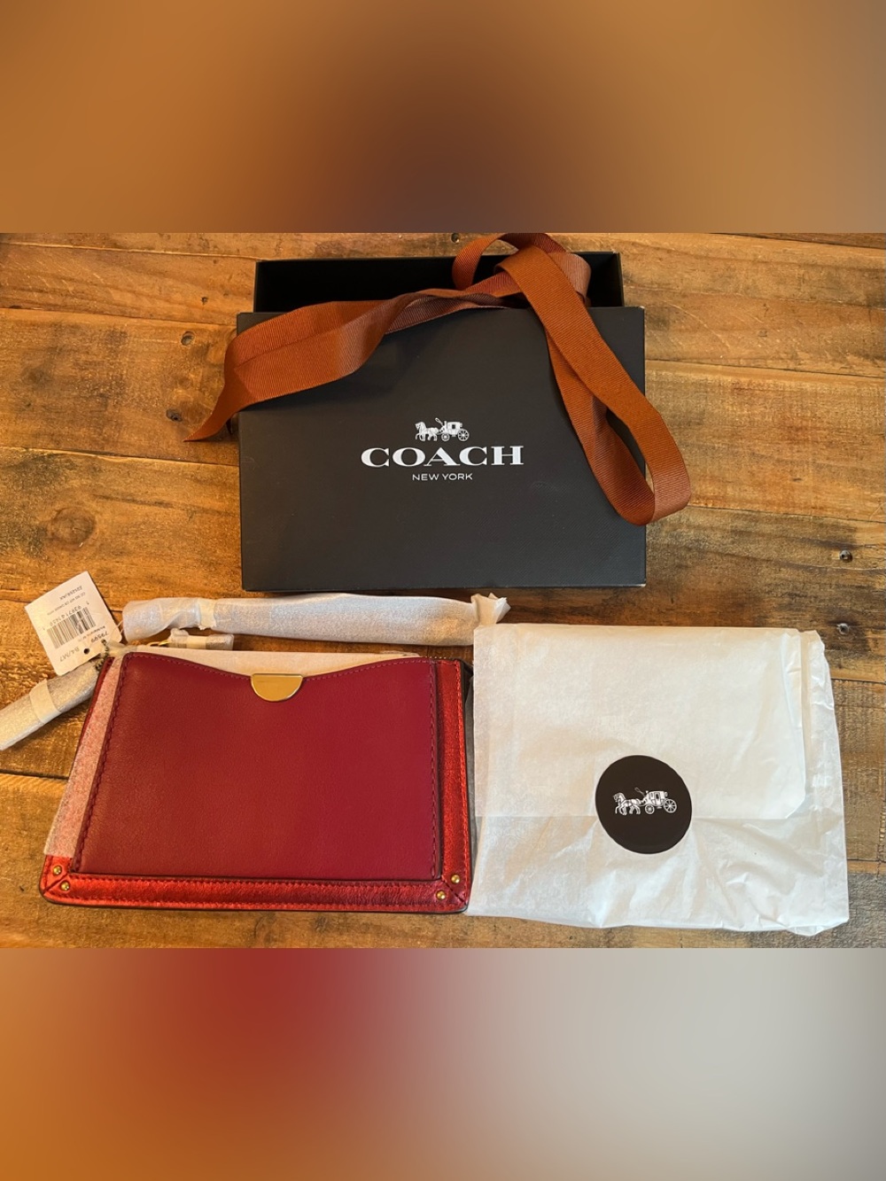 Coach Red Leather Wristlet with Gold-Tone Accent